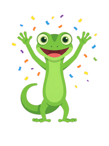 Decko gecko mascot celebrating with arms raised