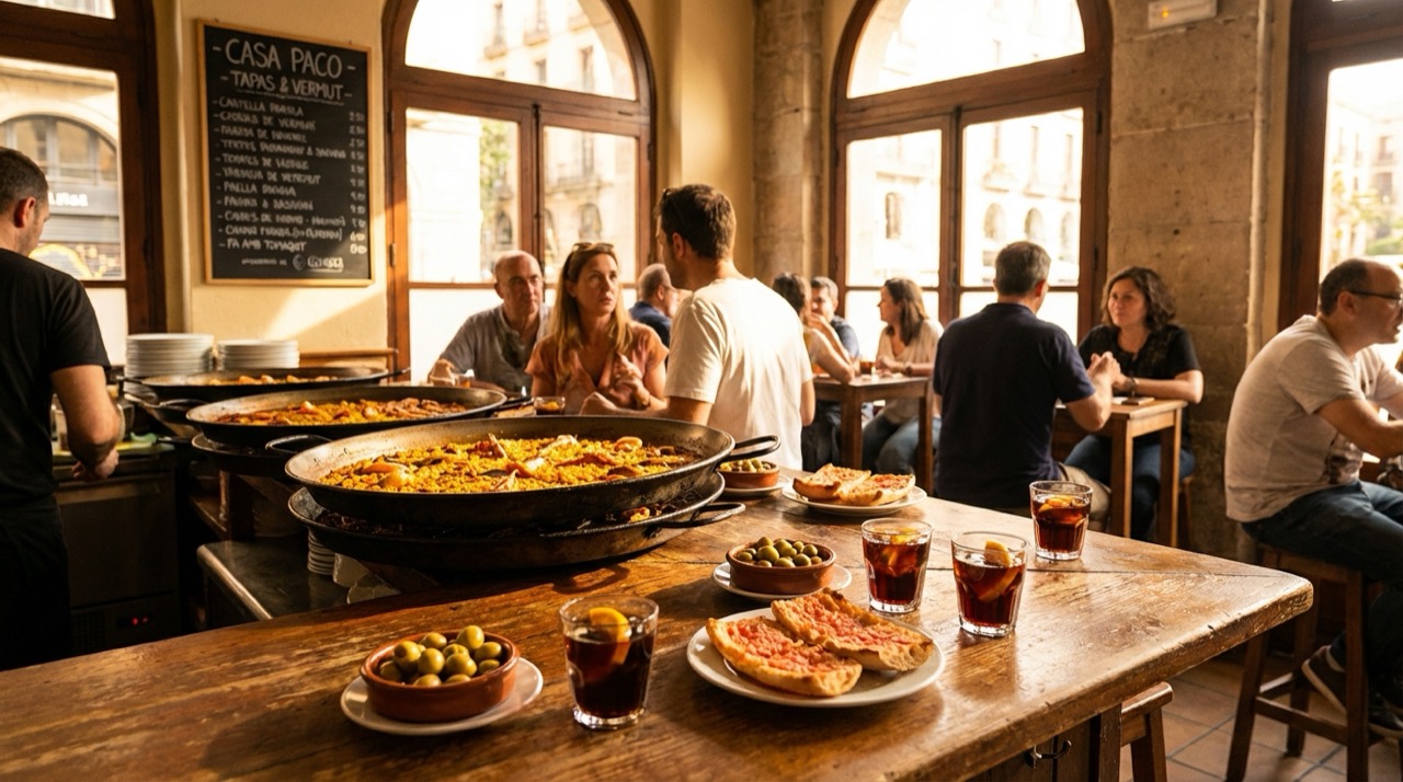 Lively Barcelona restaurant with paella pans, vermouth glasses, and pa amb tomaquet on the counter, Mediterranean light, flat illustration style