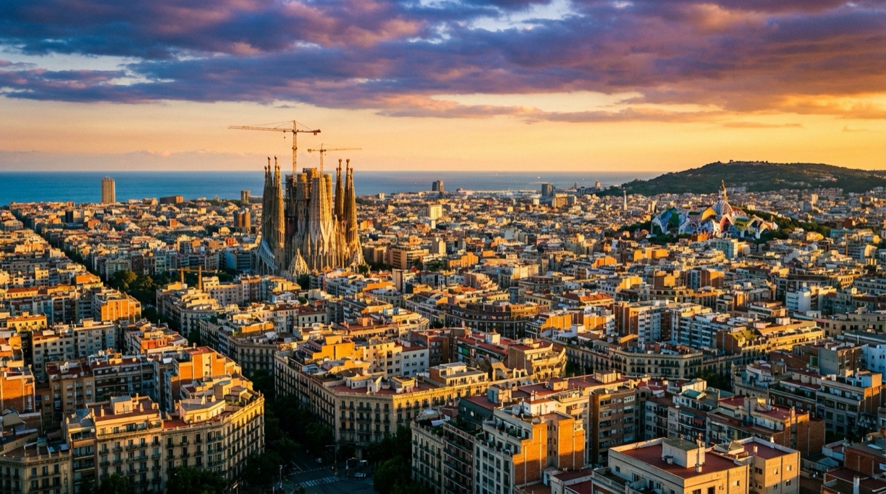 Panoramic view of Barcelona skyline with Sagrada Familia rising above the city, Mediterranean Sea in the background, warm golden light, flat illustration style with tropical colors