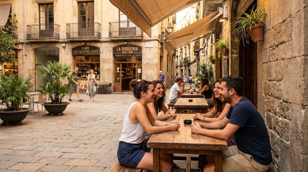 Friends chatting at a terrace in the Gothic Quarter with Catalan and Spanish text on shop signs, flat illustration style