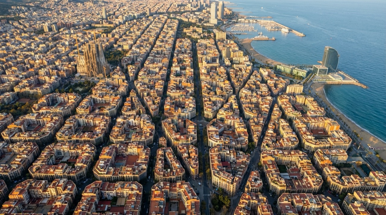 Aerial view of Barcelona neighborhoods from Montjuic, showing the grid of Eixample and the old town, Mediterranean Sea, flat illustration style