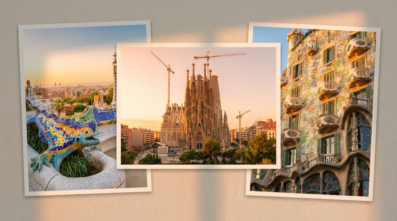 Collage of Barcelona landmarks including Sagrada Familia, Park Guell, and Casa Batllo, flat illustration style with warm Mediterranean light