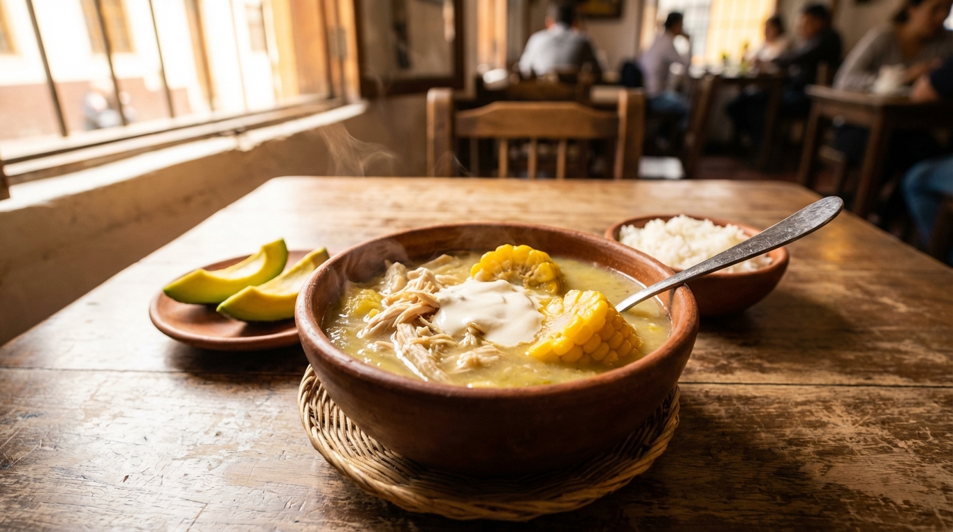 Traditional Colombian ajiaco soup in a clay bowl with chicken, corn, and cream, served on a rustic table with avocado and rice on the side