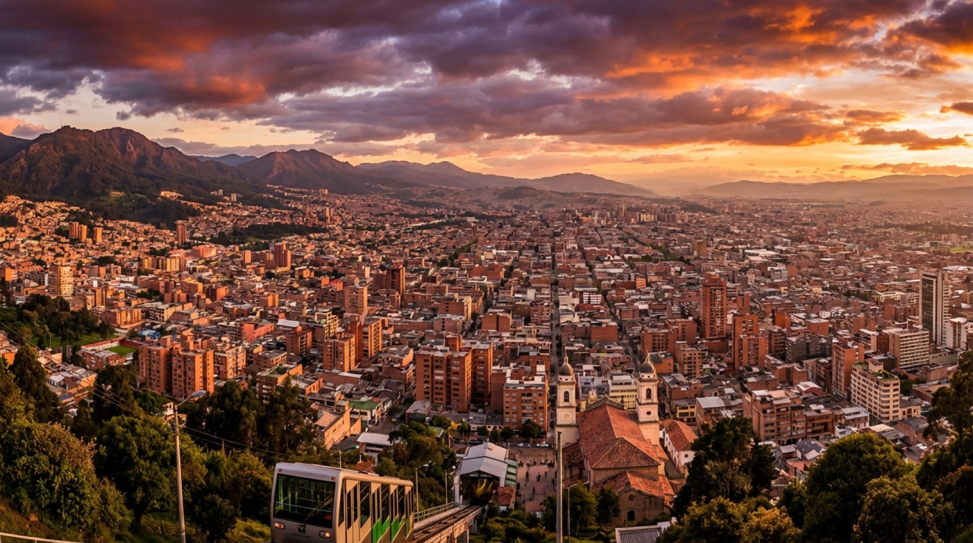 Panoramic view of Bogotá from Monserrate hill at sunset, sprawling city grid below with Andes mountains in background, red brick buildings, dramatic clouds over the savanna, warm golden light