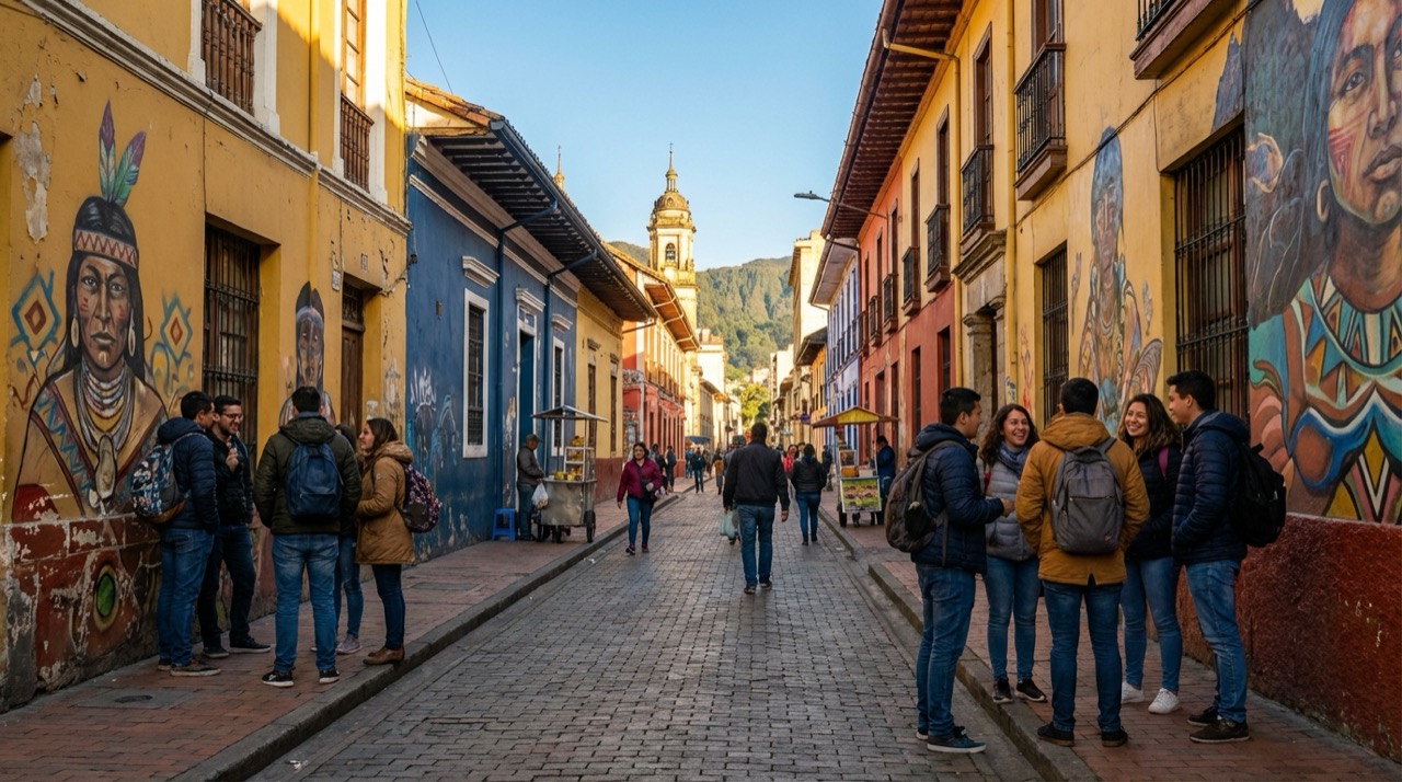 Vibrant street scene in La Candelaria Bogotá, colorful colonial buildings, university students chatting, graffiti art walls, Andean light