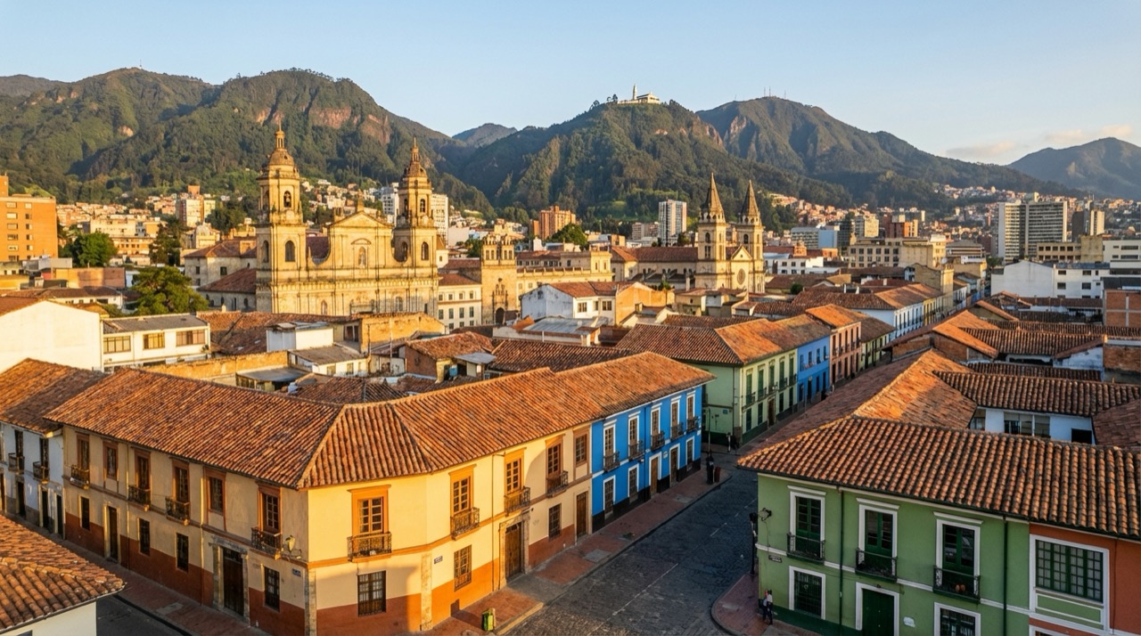 Aerial view of La Candelaria neighborhood in Bogotá with colorful colonial houses, narrow streets, church towers, Andes mountains behind