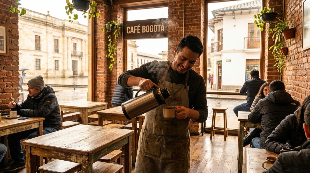 Cozy Bogotá coffee shop interior, barista pouring tinto from a thermos, warm wood and brick decor, steam rising from cups