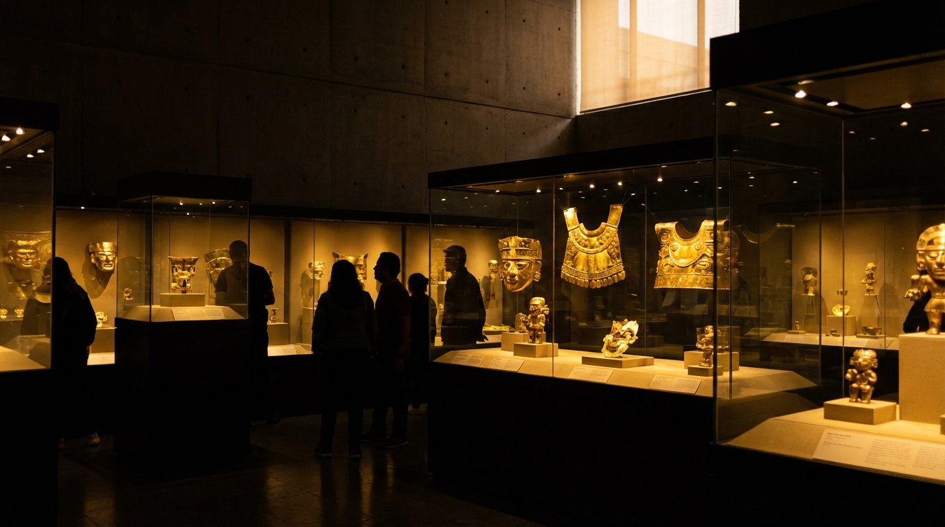 Interior of Museo del Oro Bogotá with gold artifacts illuminated in display cases, dramatic lighting, visitor silhouettes, pre-Columbian treasures