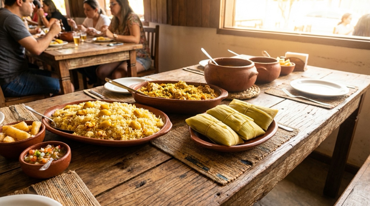 A spread of typical Brasília food including pequi rice, galinhada, and pamonha on a rustic wooden table at a regional restaurant