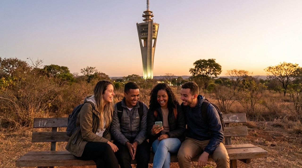 A group of young people chatting at a park bench near the TV Tower in Brasília at dusk, with the cerrado landscape in the background