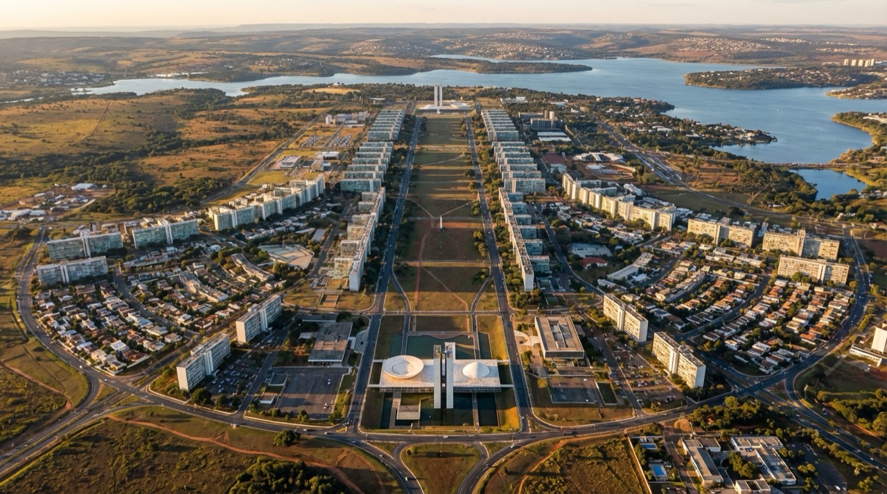 Aerial view of Brasília's Plano Piloto showing the airplane-shaped city layout with Asa Sul, Asa Norte, and the Esplanada dos Ministérios