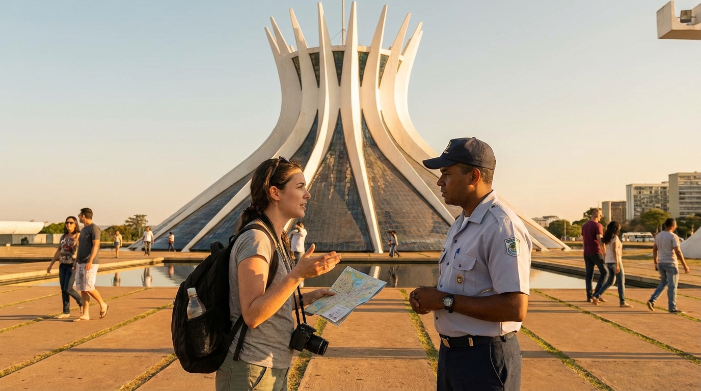 A tourist standing in front of the Cathedral of Brasília asking for directions, with the distinctive crown-shaped structure in the background