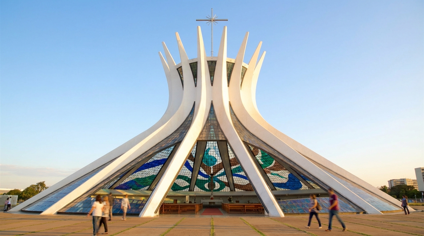 The Cathedral of Brasília (Catedral Metropolitana) with its striking curved columns reaching toward the sky, stained glass interior visible through the glass walls
