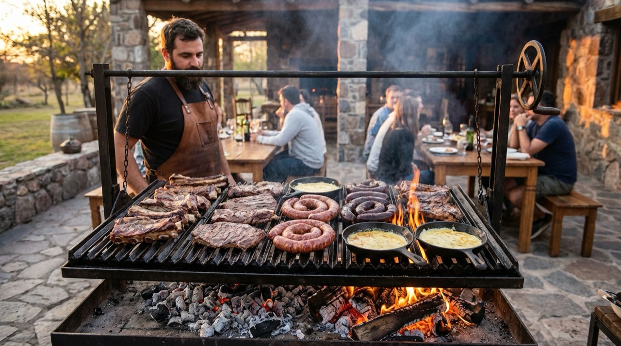 Traditional Argentine parrilla grill loaded with cuts of meat, chorizo, morcilla, and provoleta cheese, charcoal flames, rustic setting
