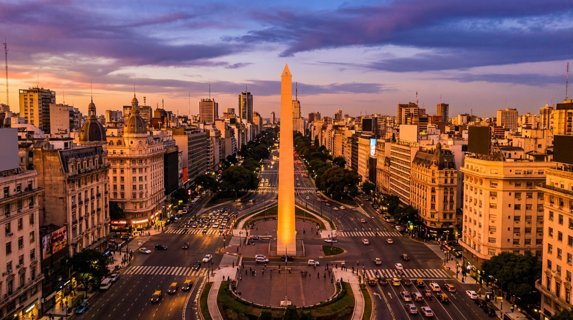 Panoramic view of Buenos Aires skyline at golden hour, Obelisco monument in the center of Avenida 9 de Julio, classic European-style buildings lining the boulevard, warm light casting long shadows, tango couple silhouette in foreground, vibrant and cinematic