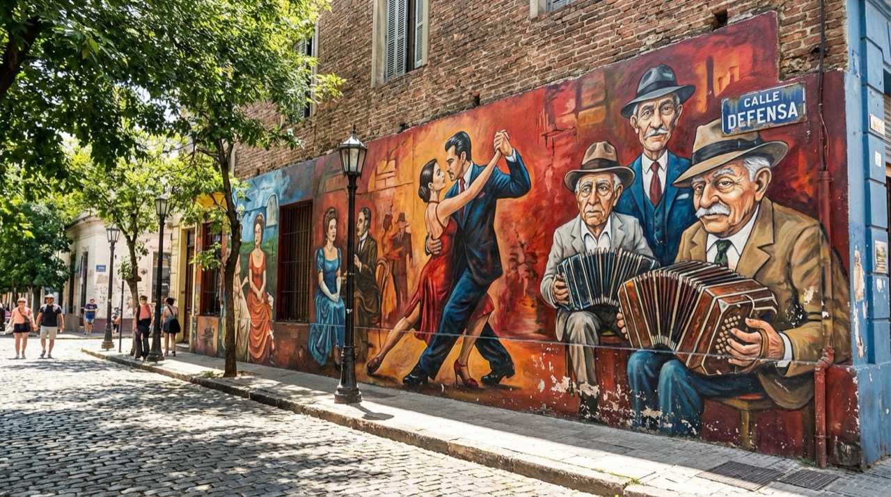 Street art mural in San Telmo Buenos Aires depicting tango dancers and old-time porteño characters, vibrant colors, cobblestone street