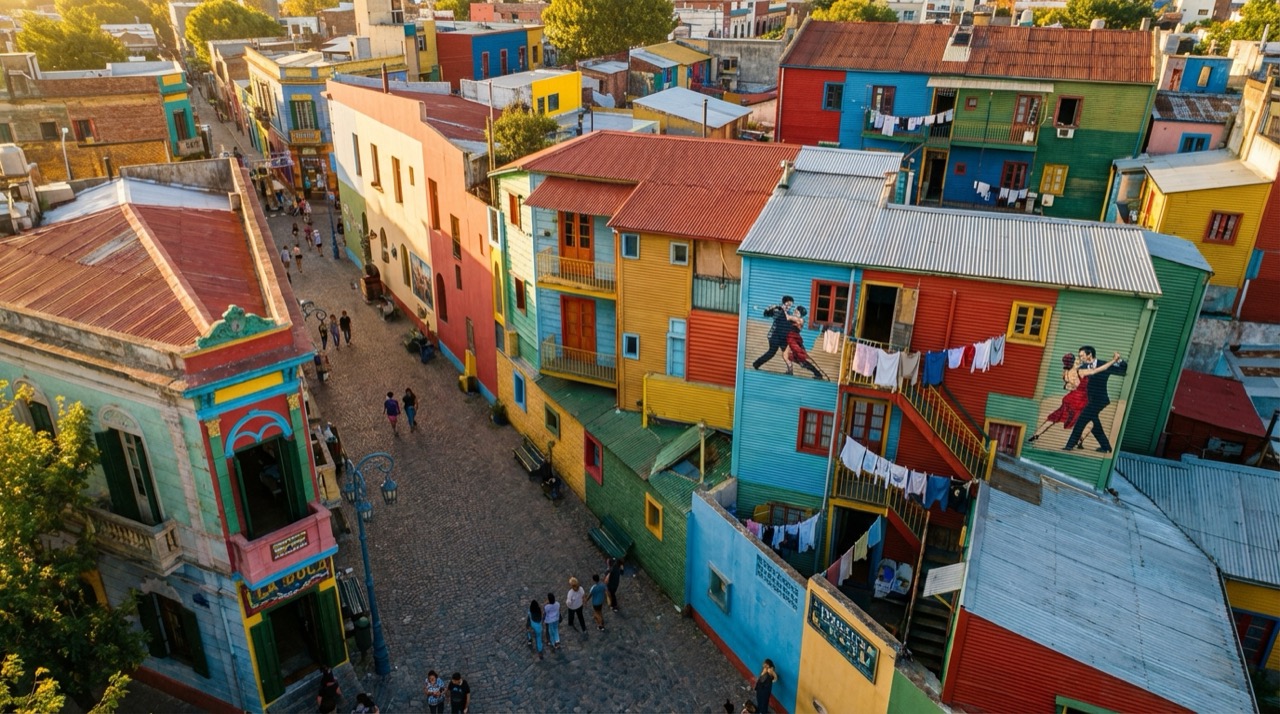 Aerial view of La Boca neighborhood with colorful Caminito houses, cobblestone streets, tango murals, laundry hanging between buildings