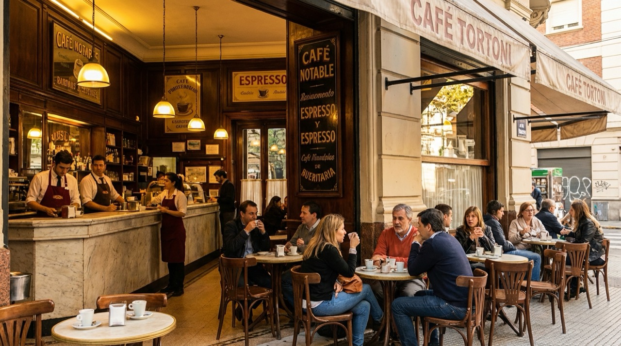 Busy corner cafe in Buenos Aires with people chatting over espresso, classic marble counter, warm interior lighting, vintage signage
