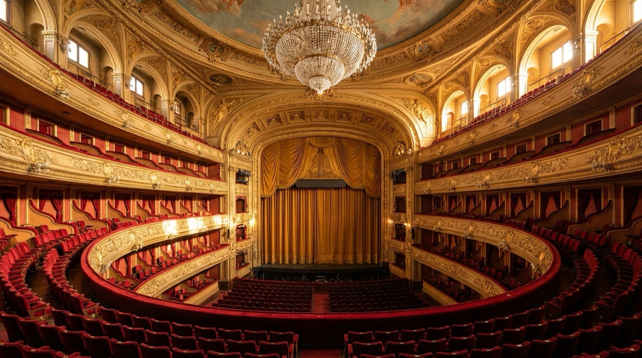Interior of the ornate Teatro Colón opera house in Buenos Aires, red velvet seats, golden balconies, grand chandelier, breathtaking architecture