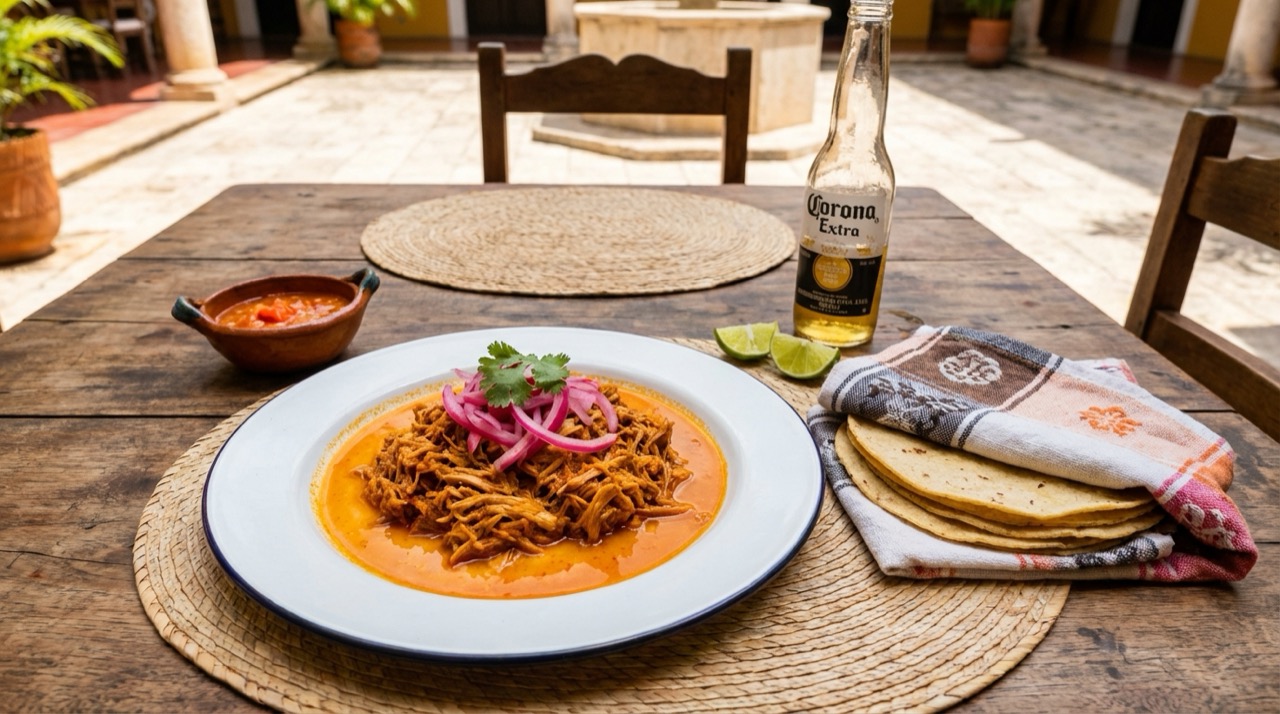 A plate of cochinita pibil on a traditional Yucatecan table, the shredded pork glowing orange from achiote, pickled red onions piled on top, warm corn tortillas on the side, habanero salsa in a small bowl