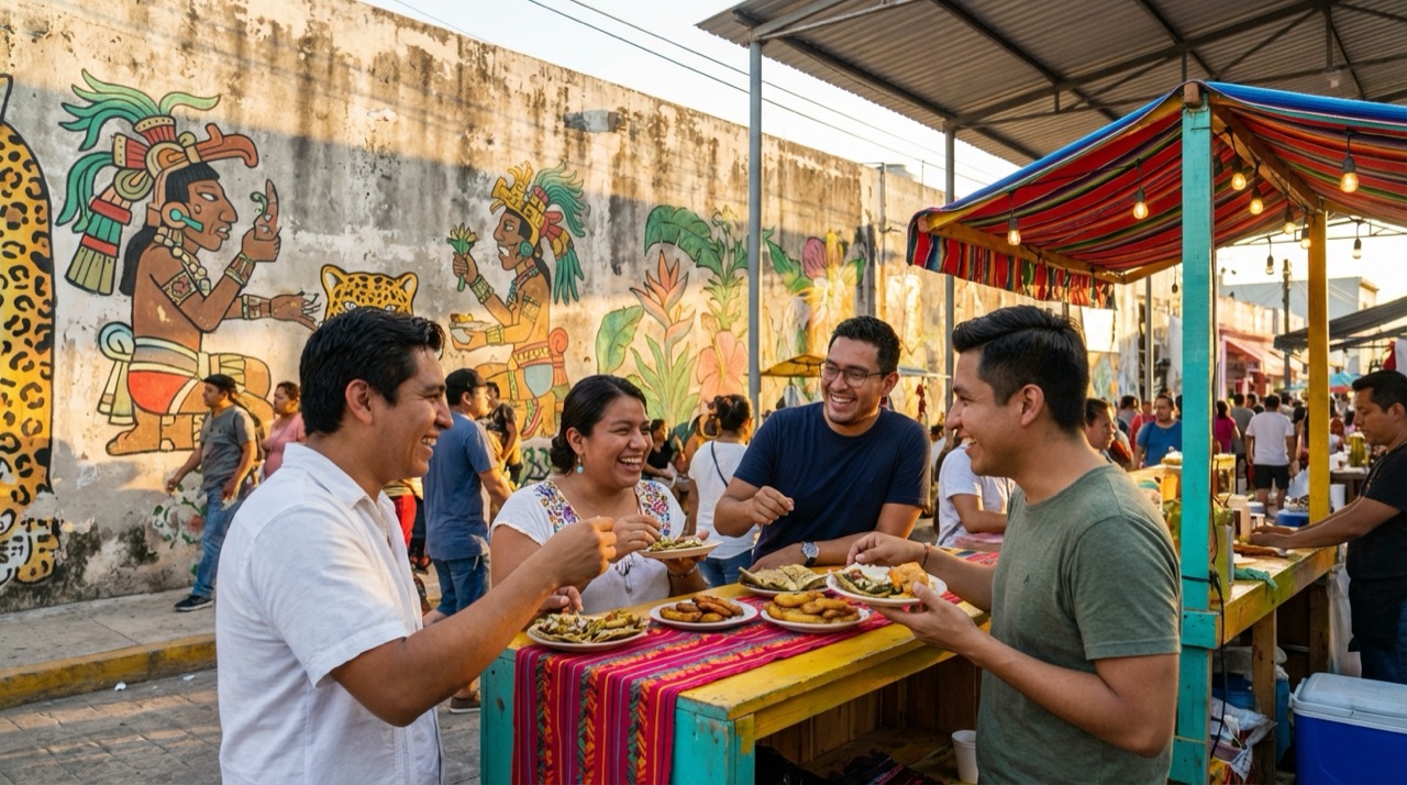 Local Yucatecan friends sharing snacks at a colorful market stall in downtown Cancún, Mayan-inspired murals on the wall behind them, warm evening light