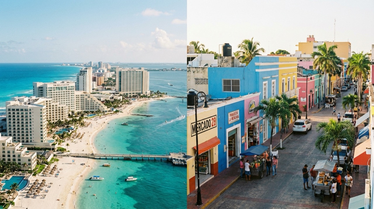Split view of Cancún: the modern Hotel Zone with tall resorts along turquoise water on one side, and the colorful downtown streets with local shops on the other, bright sunny day
