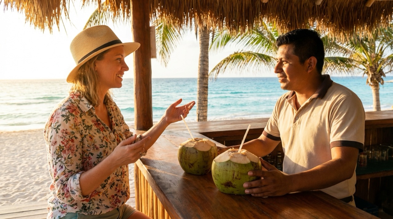 A tourist talking with a friendly local at a beachside palapa bar in Cancún, turquoise water visible behind them, coconut drinks on the bar, relaxed tropical atmosphere