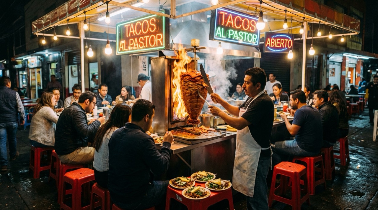 A vibrant Mexico City taco stand at night, the taquero slicing meat from the al pastor trompo, flames visible, customers seated on stools, bright lights illuminating plates of tacos