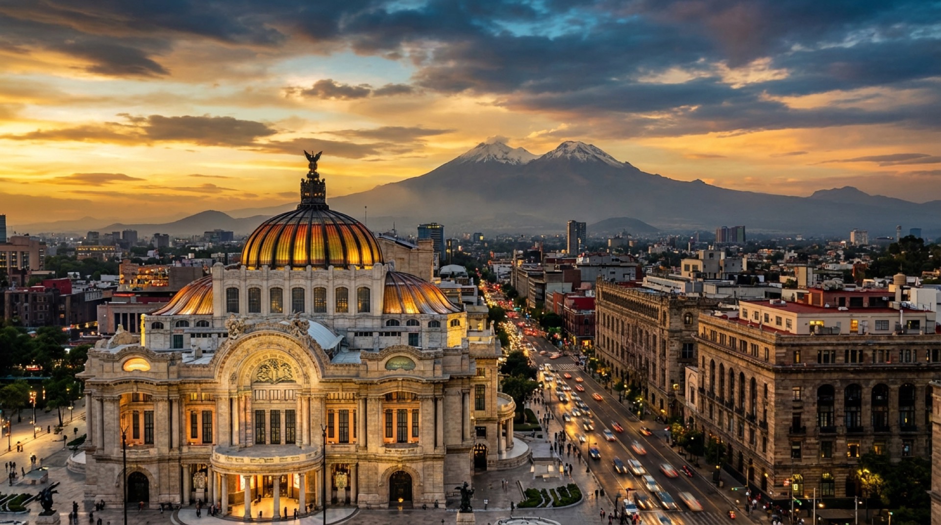 Panoramic view of Mexico City skyline with the Palacio de Bellas Artes in the foreground, Paseo de la Reforma stretching into the distance, volcanoes visible on a clear day, warm golden hour lighting, bustling city energy