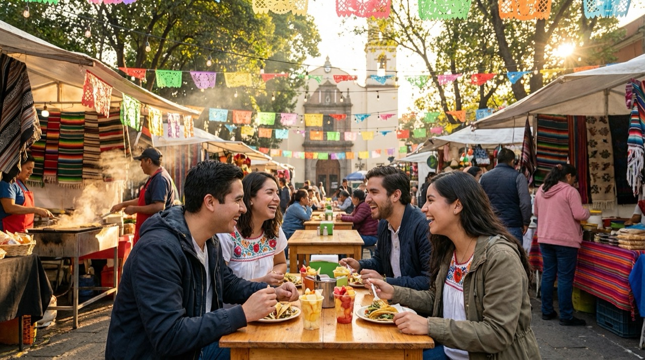 Group of young friends laughing and chatting at a vibrant street food market in Coyoacán, Mexico City, colorful decorations, lively atmosphere