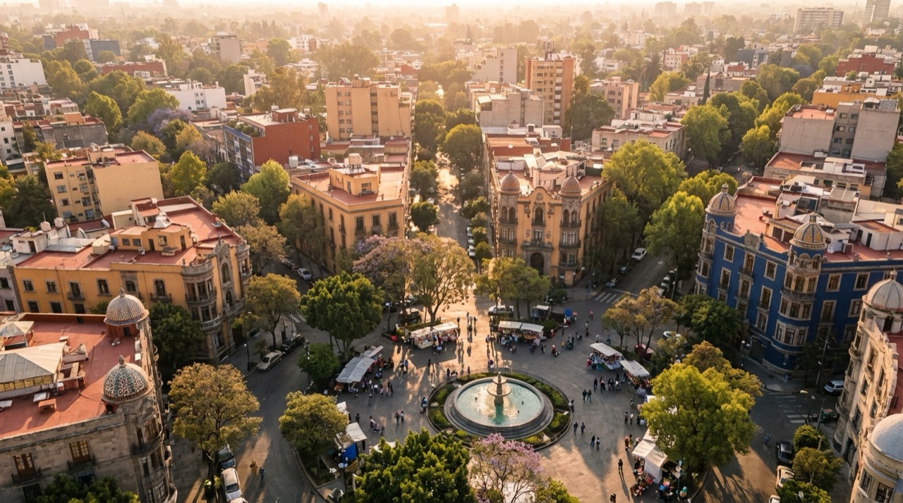 Aerial view of a colorful Mexico City neighborhood with tree-lined streets, Art Deco buildings, and a bustling plaza with a fountain, warm afternoon light