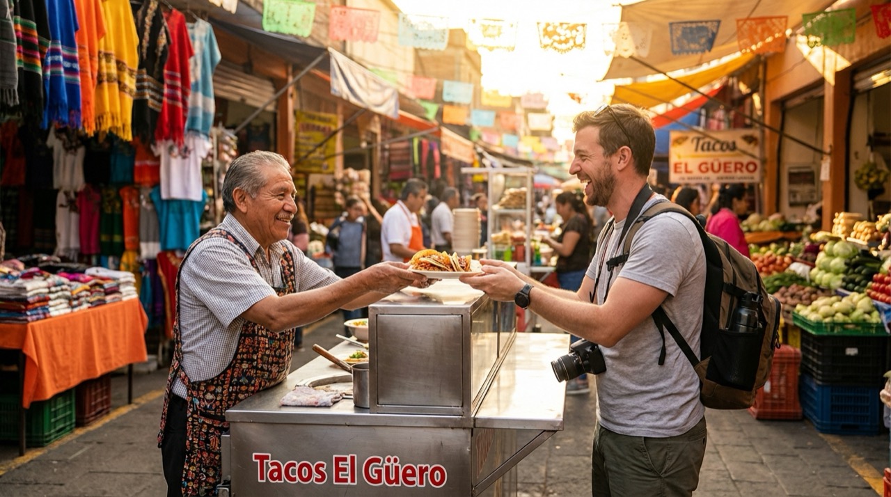 A friendly street vendor in Mexico City helping a tourist at a taco stand, colorful market stalls in the background, warm afternoon light