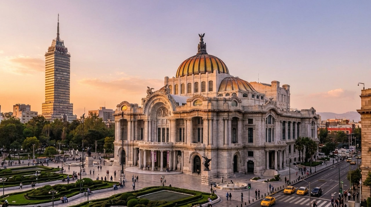 The Palacio de Bellas Artes in Mexico City, its white marble Art Nouveau exterior glowing at sunset, with the Latin American Tower visible behind it