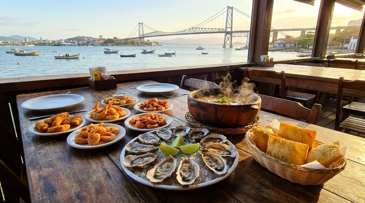 A spread of Florianópolis seafood dishes on a waterfront restaurant table: shrimp sequence, oysters on ice, fish stew, and pastel de berbigão