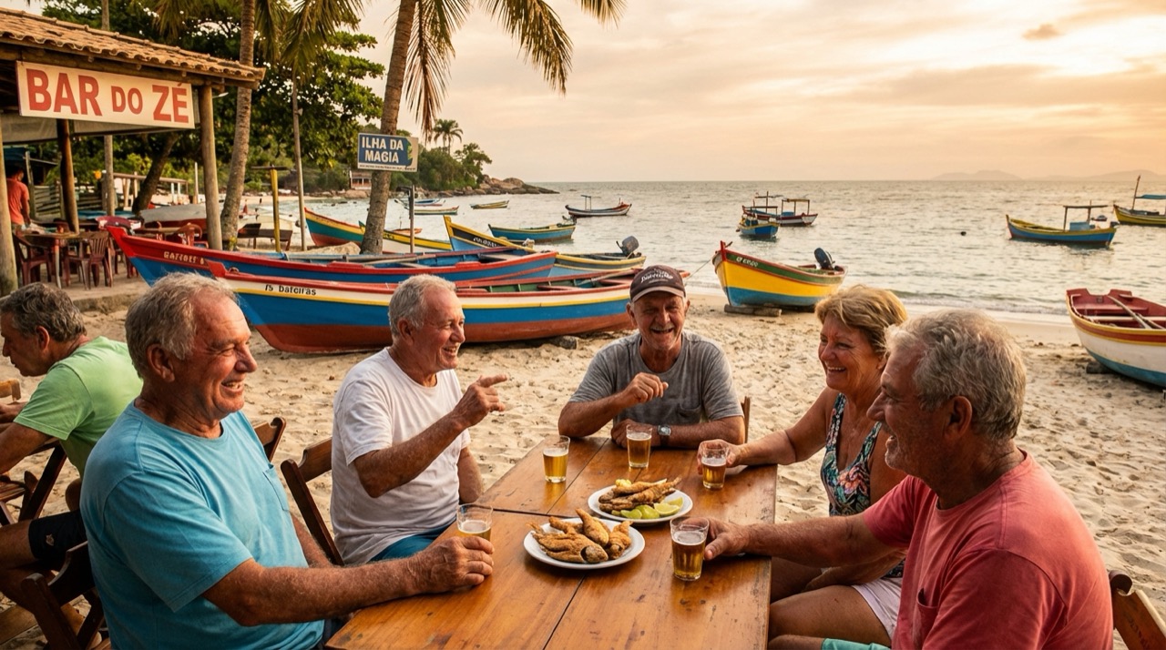A group of friendly locals (manezinhos) chatting at a beachside bar in Florianópolis, colorful fishing boats in the background
