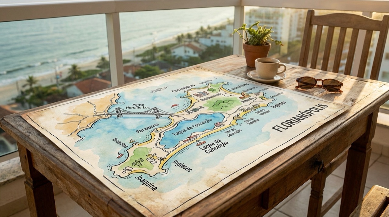 Map-style illustration of Florianópolis island showing different neighborhoods, beaches, lagoon, and the bridge to the mainland