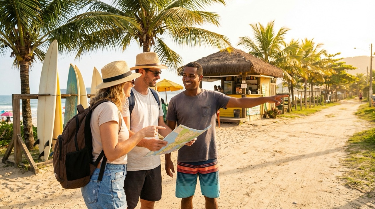 Tourists on a sunny Florianópolis beach asking a local for directions, tropical setting with surfboards and palm trees