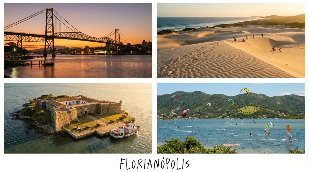 Collage of Florianópolis landmarks: Hercílio Luz bridge, sand dunes, colonial fortress, and a lagoon with kitesurfers