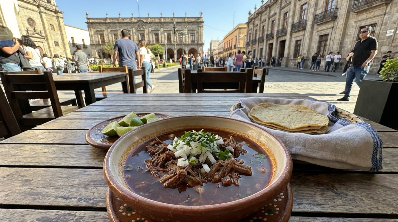 A steaming bowl of birria on a rustic wooden table in Guadalajara, the rich red consomé broth with tender shredded meat, onion, cilantro, lime wedges, and warm corn tortillas on the side