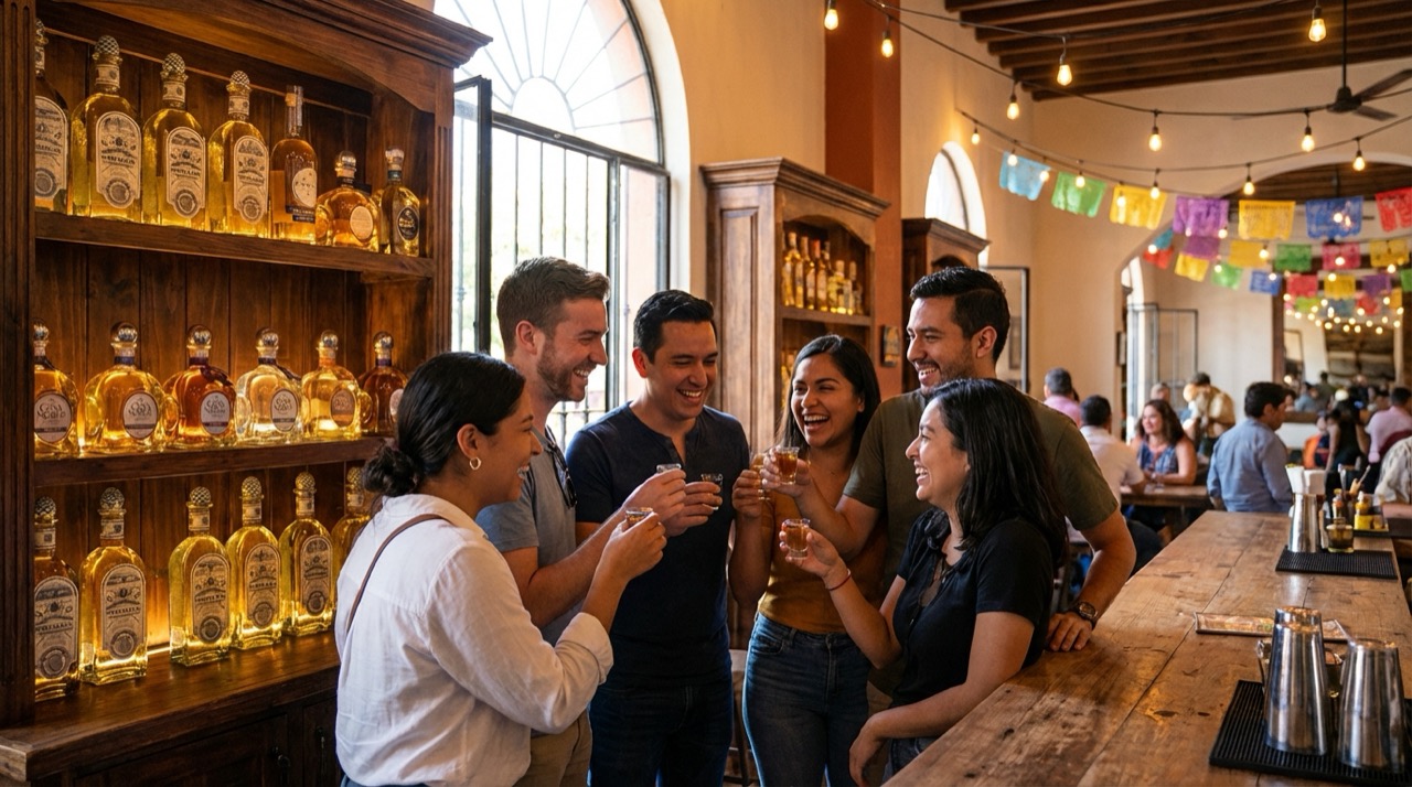 A group of friends laughing at a tequila tasting bar in Guadalajara, shelves of amber-colored tequila bottles behind them, warm wood interior, festive atmosphere