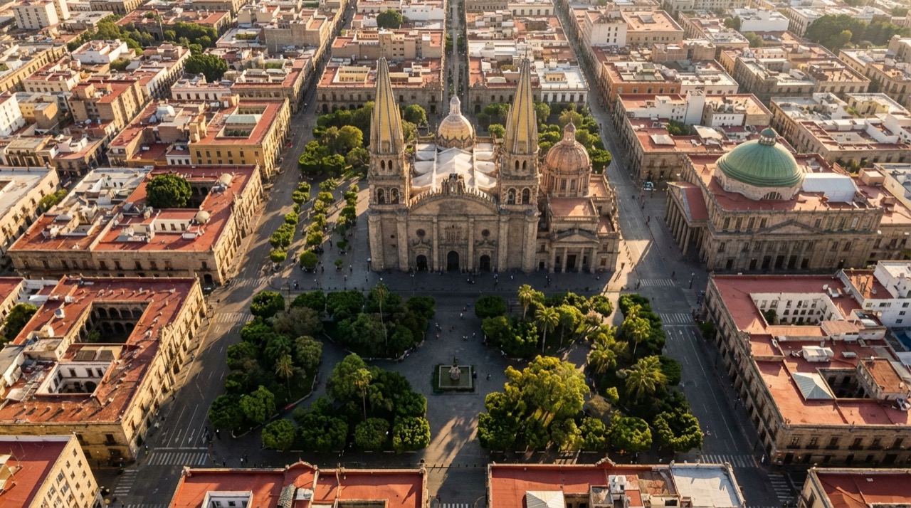 Aerial view of Guadalajara's historic center showing the Cathedral's twin spires, tree-lined plazas forming a cross shape, colonial buildings in warm tones, the Degollado Theater visible