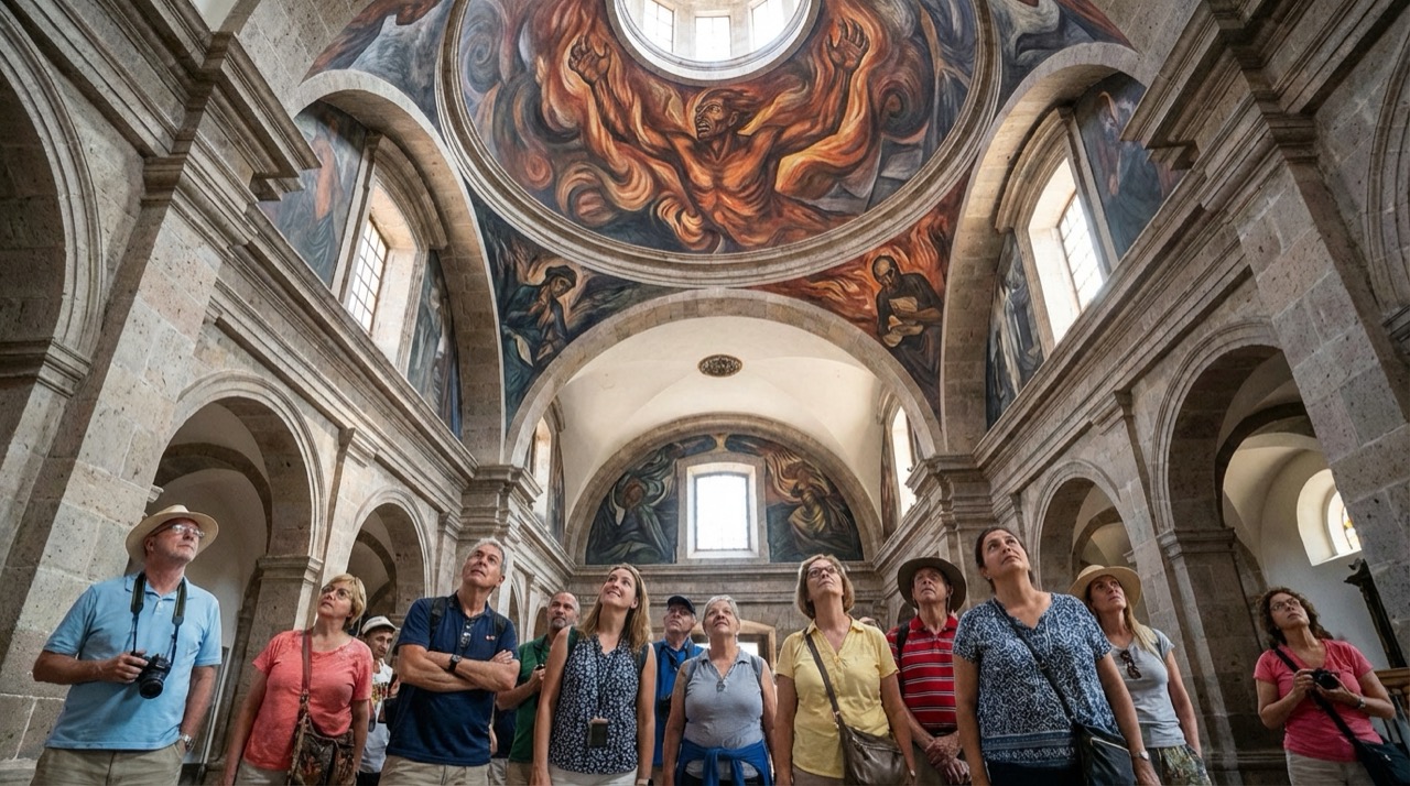 The interior of Hospicio Cabañas showing José Clemente Orozco's dramatic ceiling mural 'The Man of Fire,' visitors looking up in awe, the circular dome above with the painted figure engulfed in flames