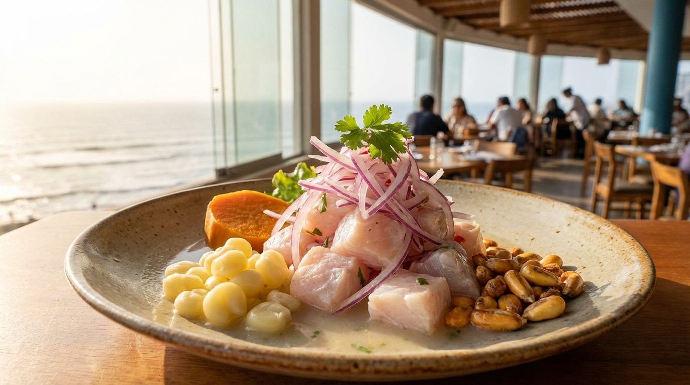 Beautiful plate of Peruvian ceviche with fresh sea bass, red onion, sweet potato, and corn, served at a bright Lima cevichería, ocean visible through window