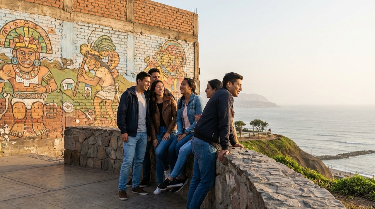 Group of young Limeños hanging out at a Barranco park overlook, Pacific Ocean view, colorful street art behind them, casual afternoon vibe