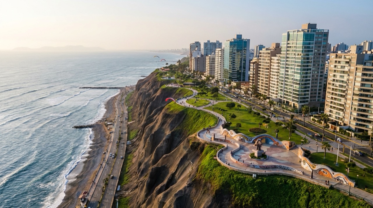 Aerial view of Miraflores cliff edge over the Pacific Ocean, Parque del Amor visible, modern buildings along the malecón, blue ocean, dramatic coastal setting