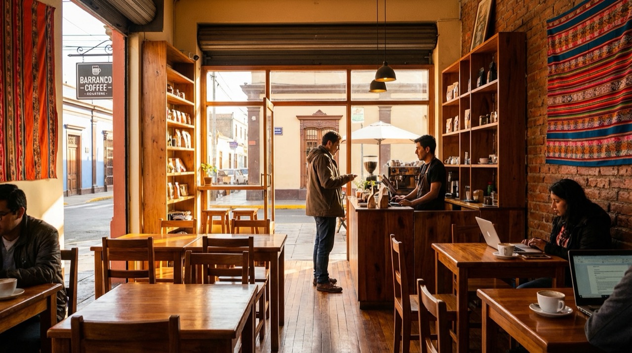 Cozy Lima cafe in Barranco district, warm wood interior, person ordering at counter, Peruvian textiles on walls, afternoon light