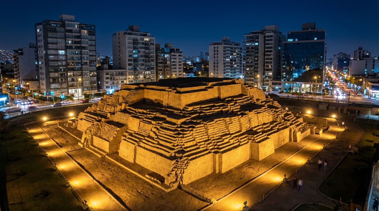 Huaca Pucllana illuminated at night, ancient adobe pyramid in the middle of Miraflores, modern buildings around it, archaeological site lit dramatically