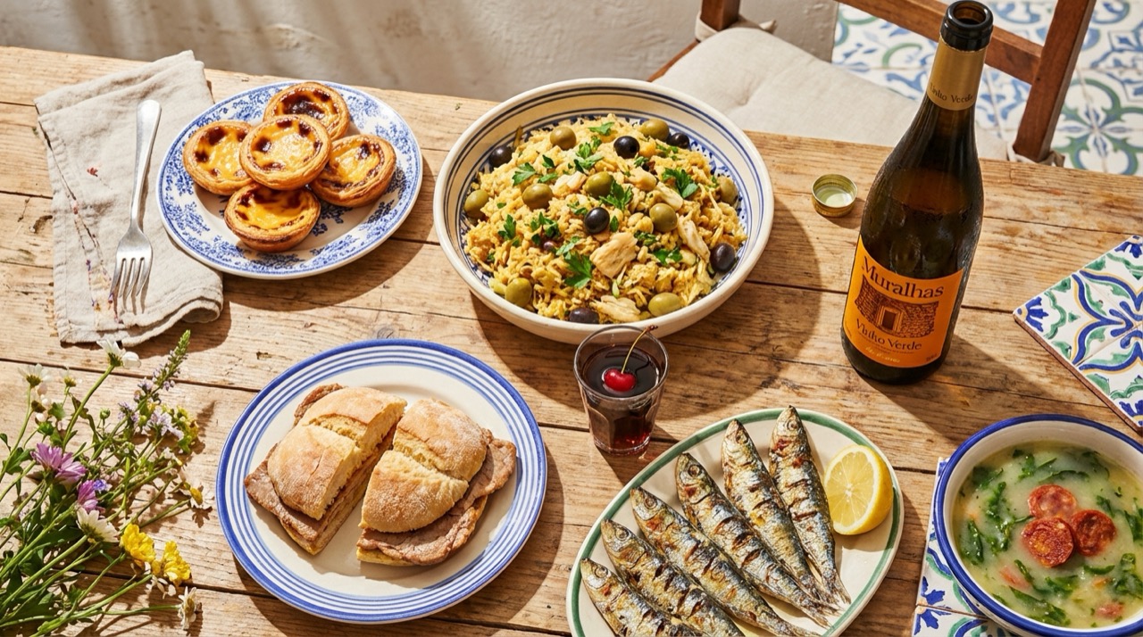 Colorful overhead photo of a Portuguese table spread: pasteis de nata, bacalhau a bras, bifana sandwich, ginjinha in a small glass, sardinhas grelhadas, caldo verde, a bottle of vinho verde