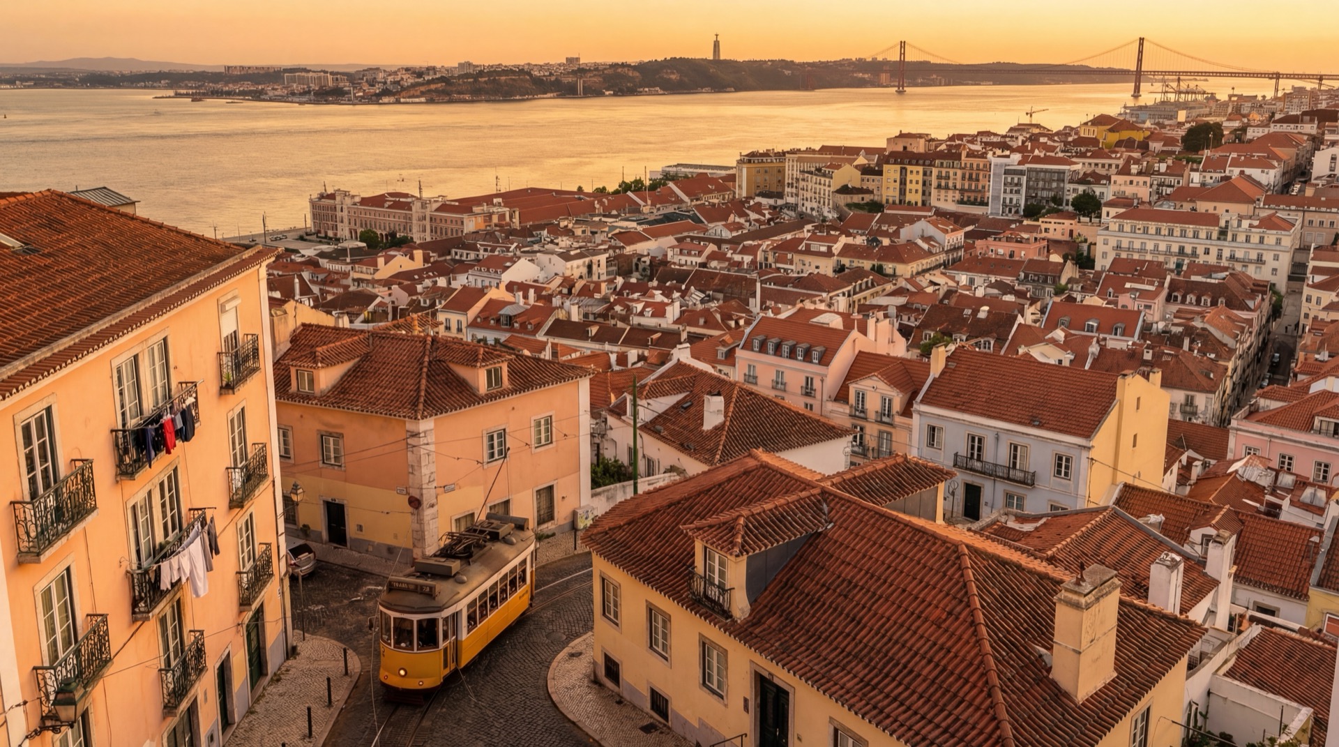Cinematic golden hour panorama of Lisbon from Miradouro da Senhora do Monte, terracotta rooftops cascading down seven hills, the Tagus River glinting in warm light, the 25 de Abril Bridge in the distance, a yellow Tram 28 rounding a corner in the foreground, pastel-colored buildings, laundry hanging from wrought-iron balconies, warm Mediterranean color palette