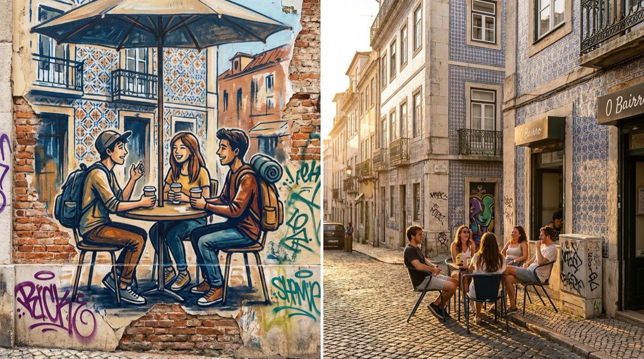 Street art style illustration of young Lisboetas chatting at a sidewalk cafe in Bairro Alto, azulejo tile walls, warm Mediterranean light, colorful graffiti accents